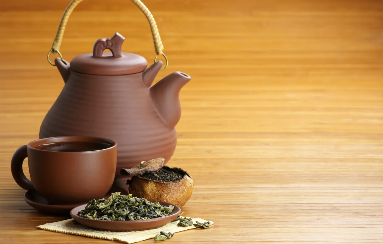 Photo wallpaper table, kettle, mug, drink, saucer, green tea