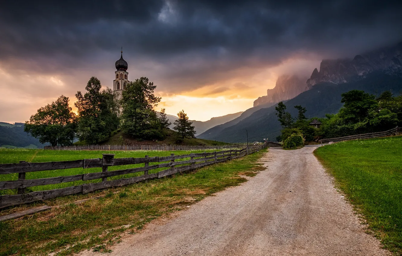 Photo wallpaper road, the sky, sunset, mountains, Church