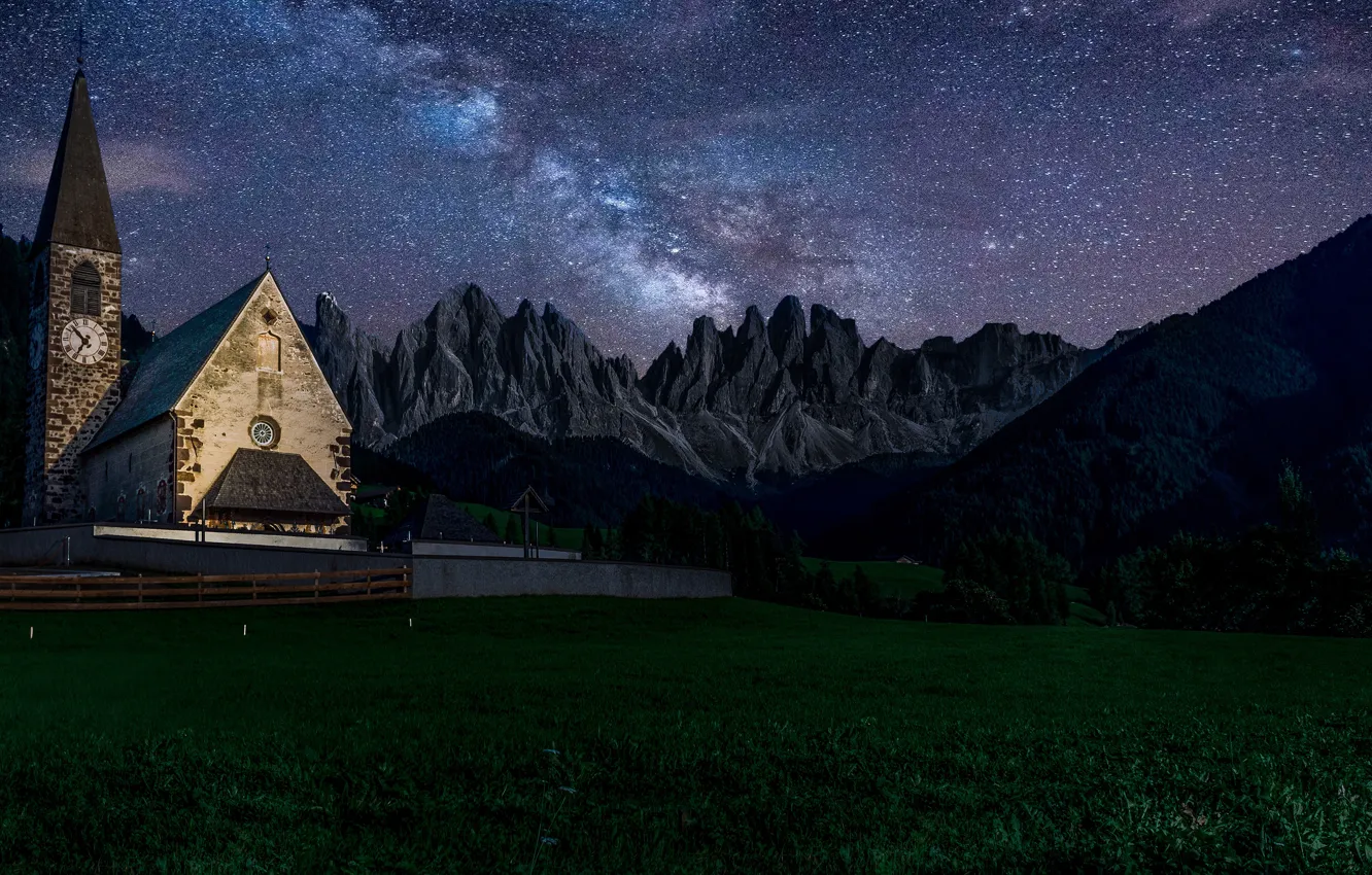 Photo wallpaper summer, grass, mountains, night, darkness, hills, tops, watch