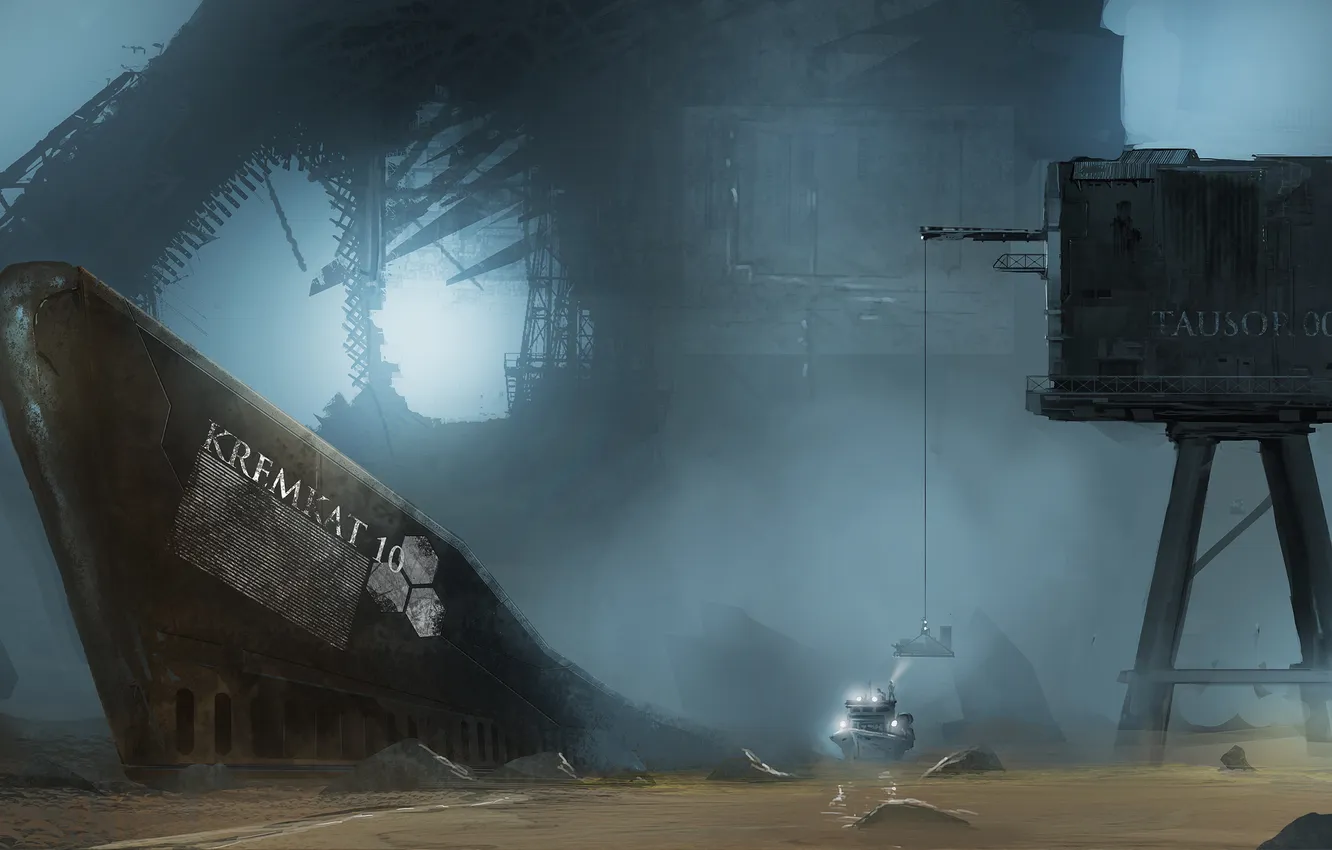 Photo wallpaper sea, water, night, lights, the skeleton, art, boat, cargo