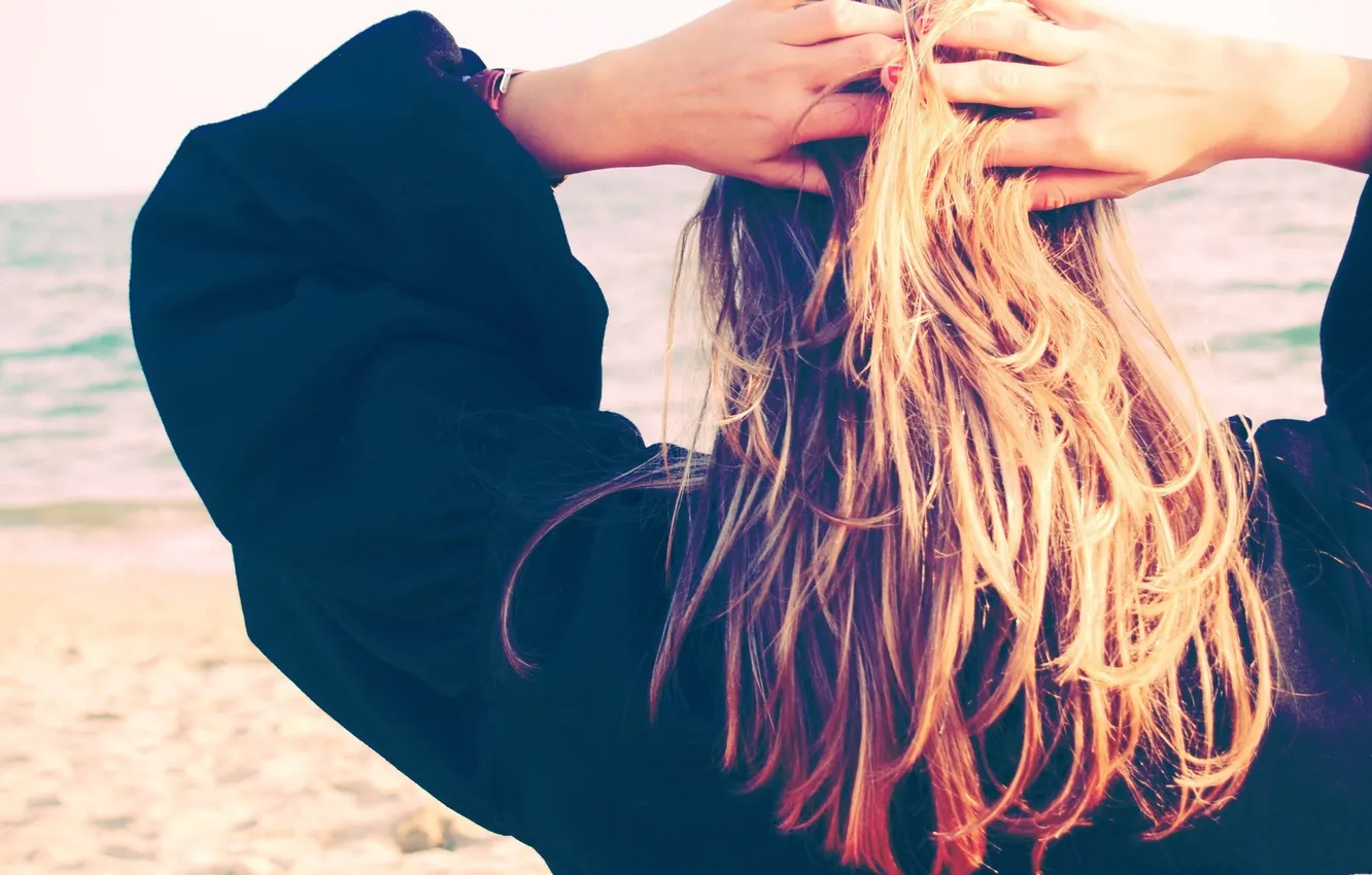 Photo wallpaper sea, beach, hair, Girl, blonde, the view from the back