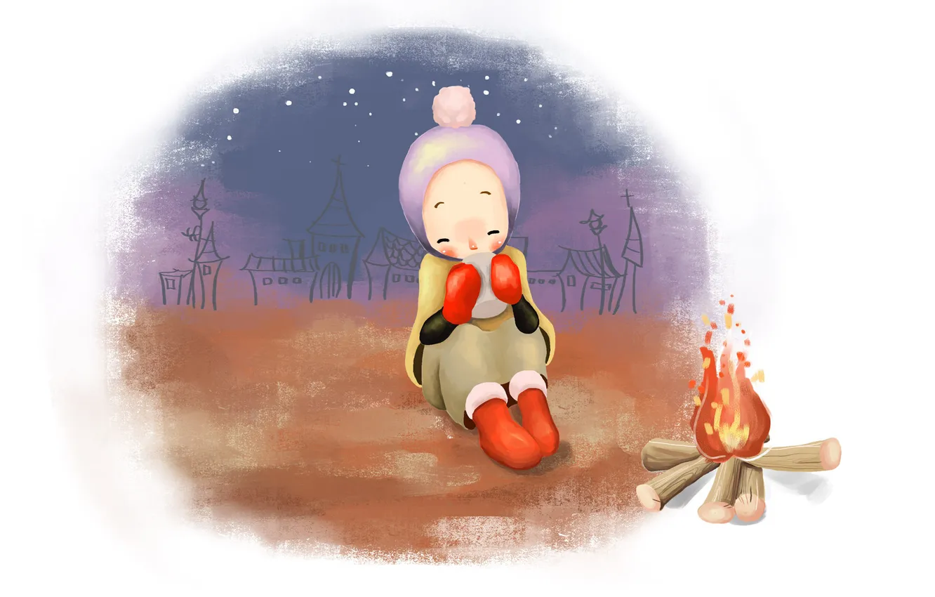 Photo wallpaper winter, snow, comfort, heat, tea, figure, the fire, girl
