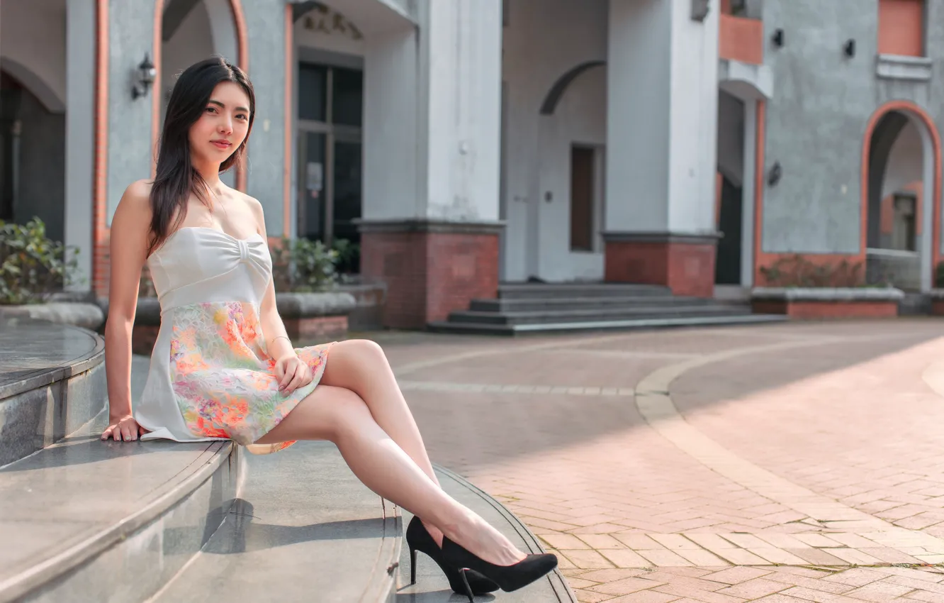 Photo wallpaper girl, dress, legs, Asian, sitting