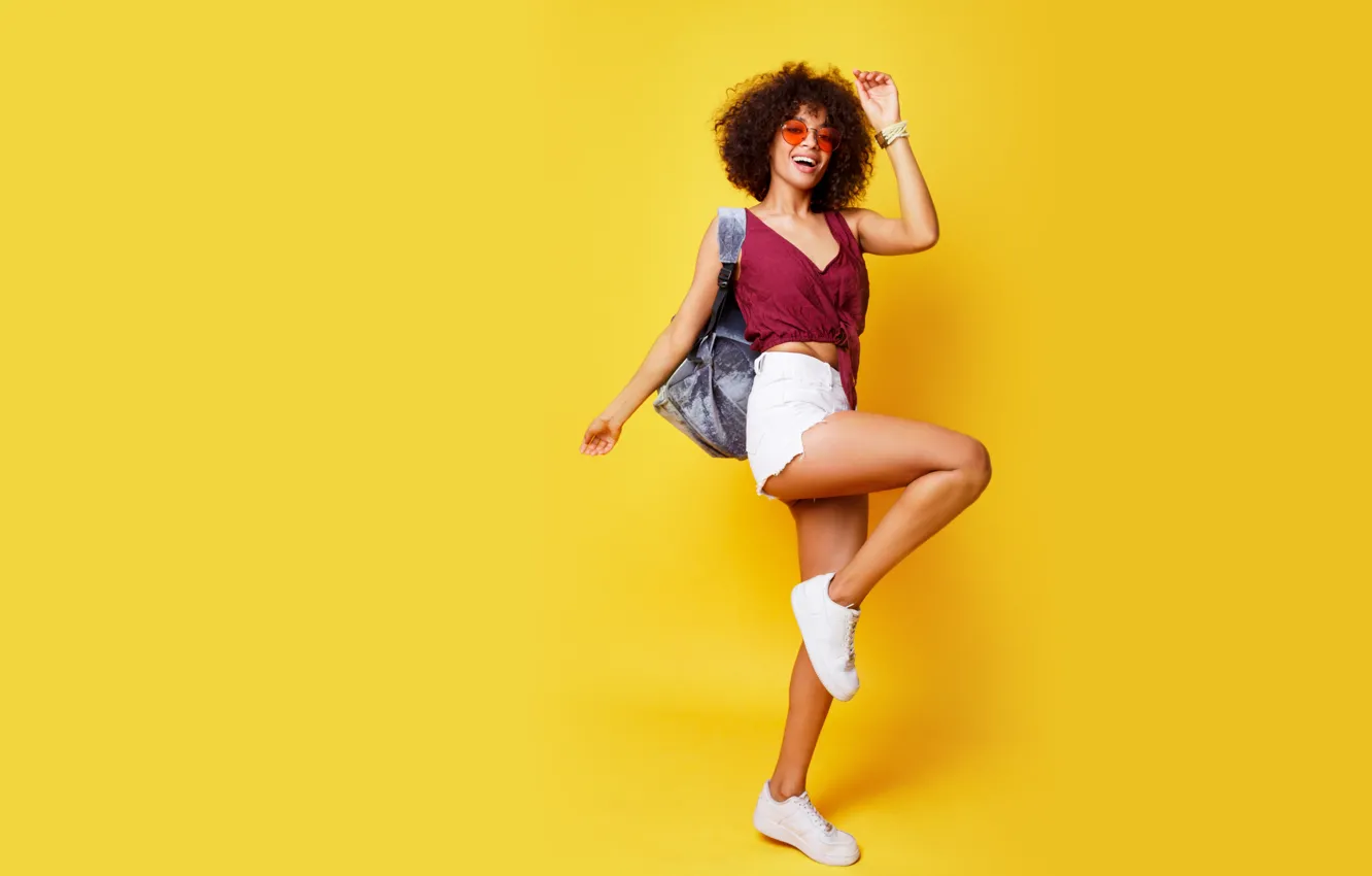 Photo wallpaper girl, emotions, sweetheart, shorts, sneakers, cute