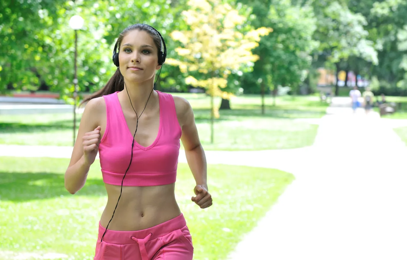 Photo wallpaper summer, girl, Park, sport, headphones, running