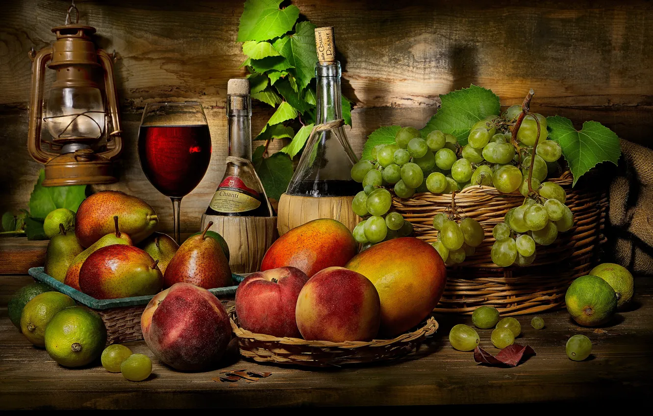 Photo wallpaper the dark background, wine, Board, glass, bottle, food, grapes, dishes