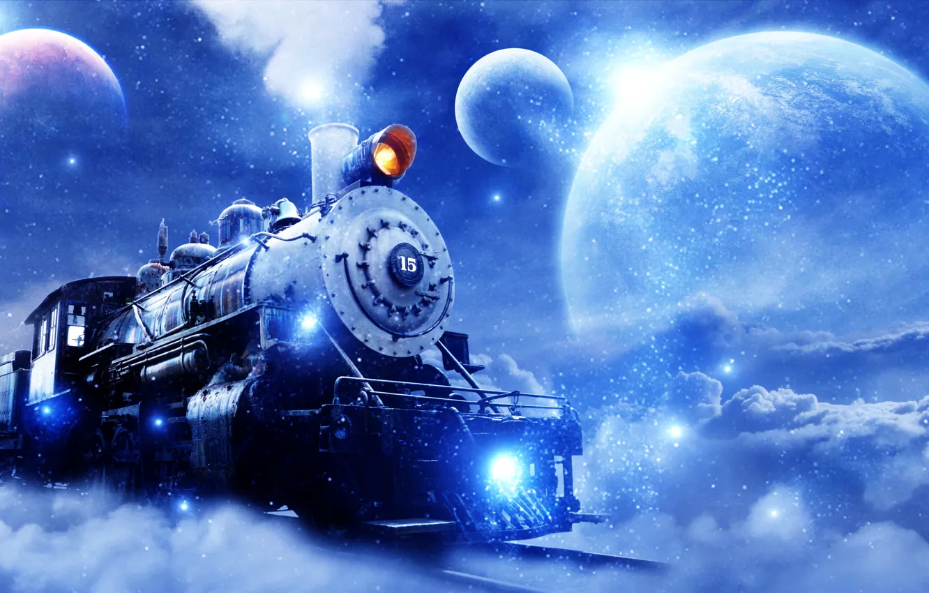 Photo wallpaper fantasy, clouds, stars, planets, steam train