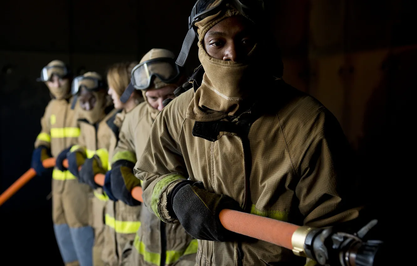 Photo wallpaper helmets, hoses, fire protective clothing