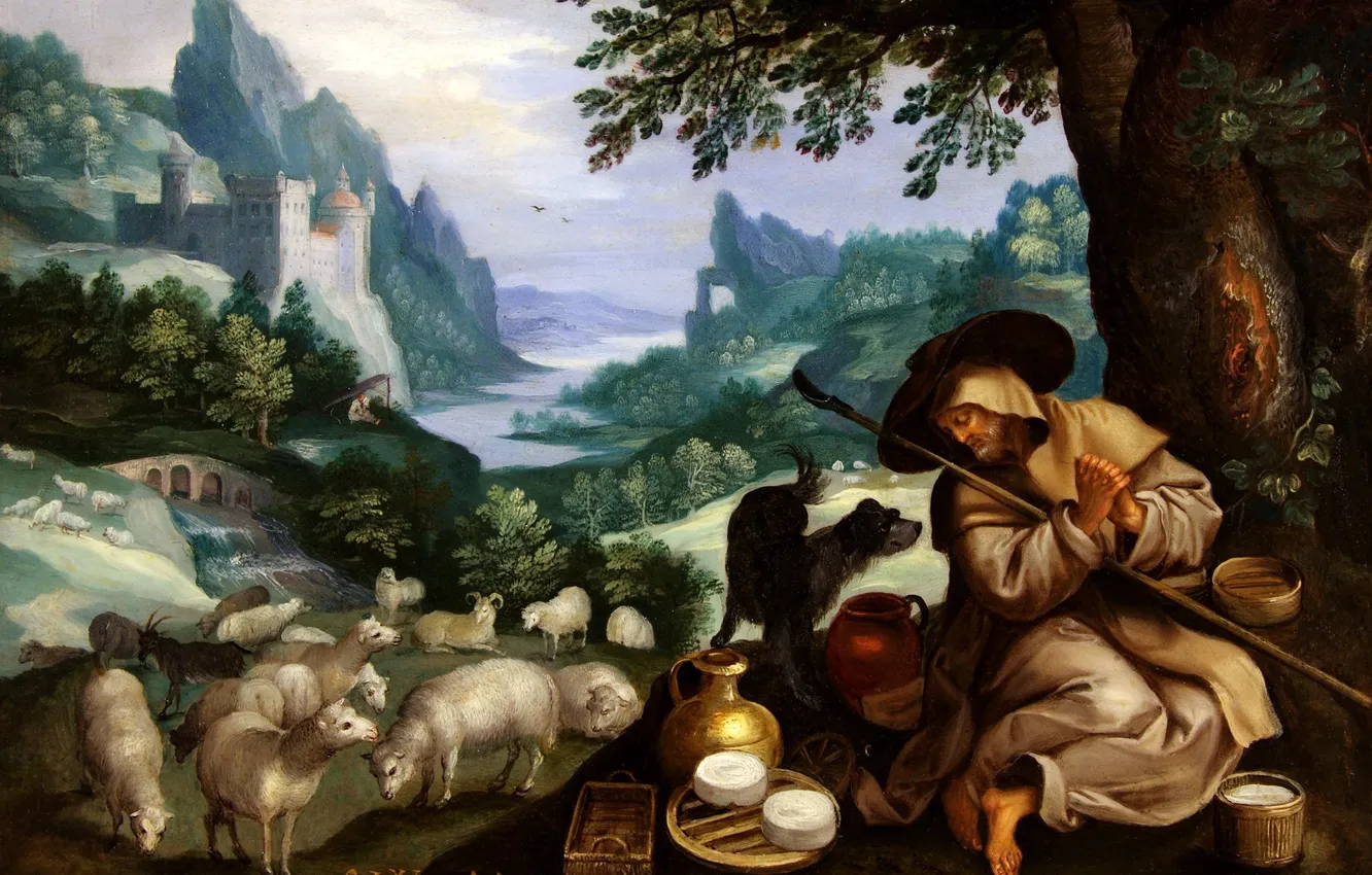 Photo wallpaper picture, genre, Jan Brueghel the elder, Rocky Landscape with Hermit Wendelinus