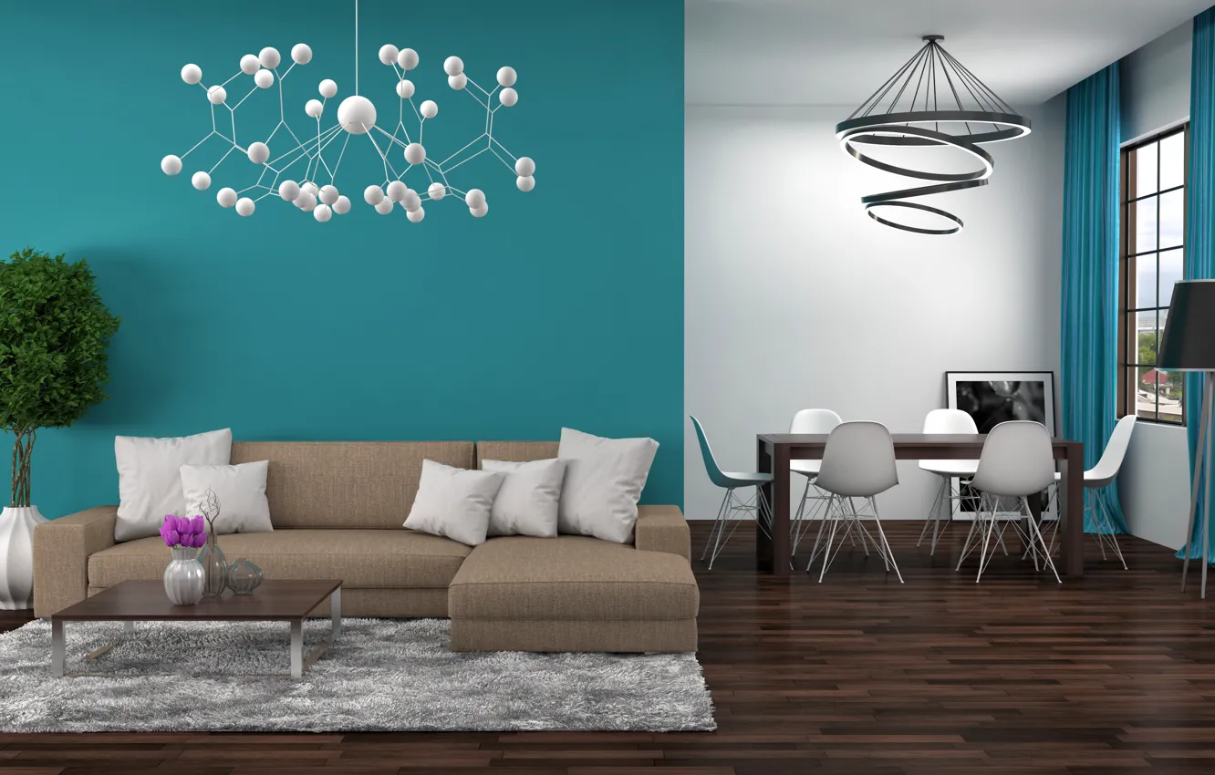 Photo wallpaper flower, design, table, sofa, interior, chandelier, living room, dining room