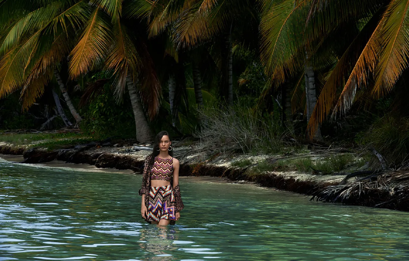 Photo wallpaper sea, look, water, girl, pose, palm trees, model, figure