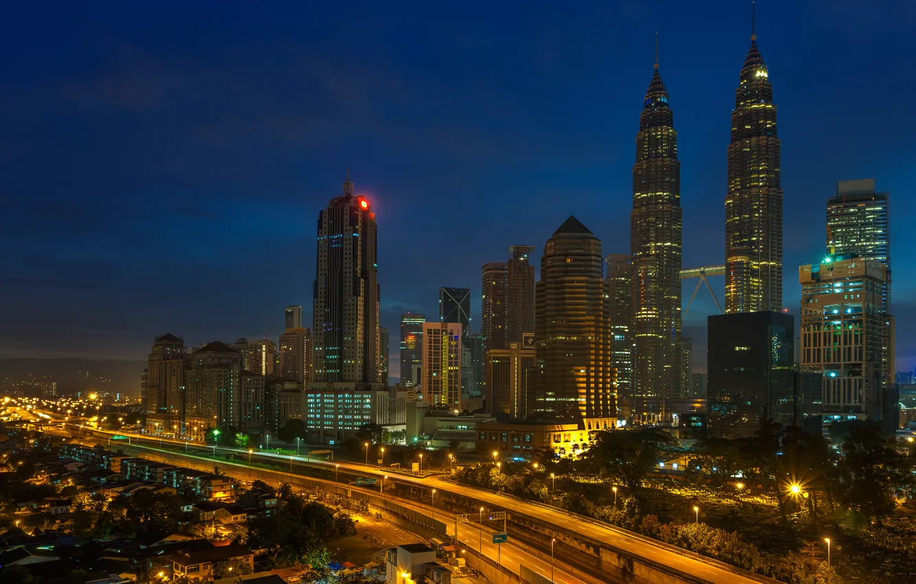 Photo wallpaper night, lights, home, skyscrapers, lights, Malaysia, Kuala Lumpur