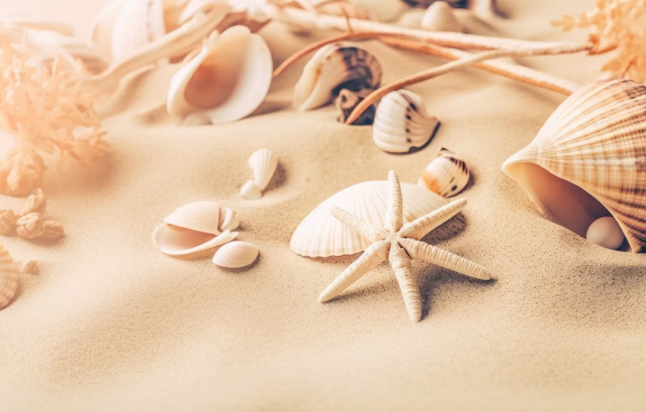 Photo wallpaper sea, beach, the ocean, shore, shell, starfish, seashells, seashell