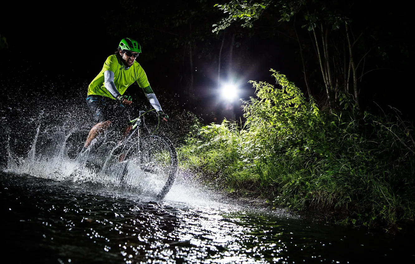 Photo wallpaper Water, Night, Sport, Helmet, Bike, Male