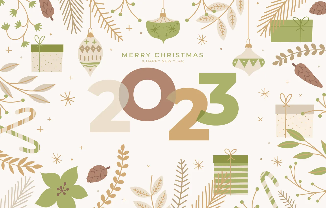 Photo wallpaper snowflakes, branches, green, box, gift, graphics, new year, figures