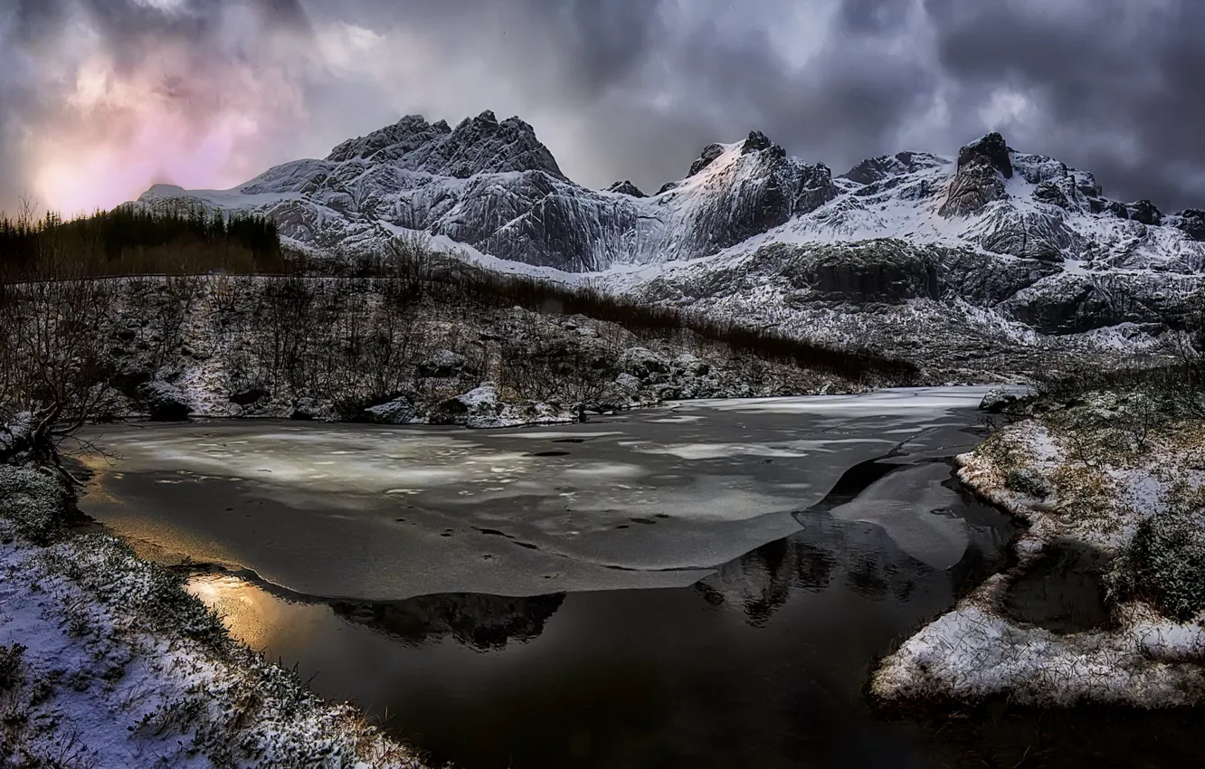 Photo wallpaper mountains, snow, river