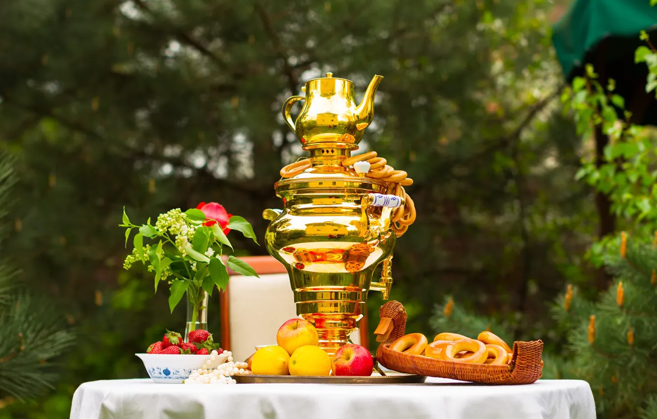 Photo wallpaper flowers, nature, table, tea, apples, bouquet, kettle, strawberry