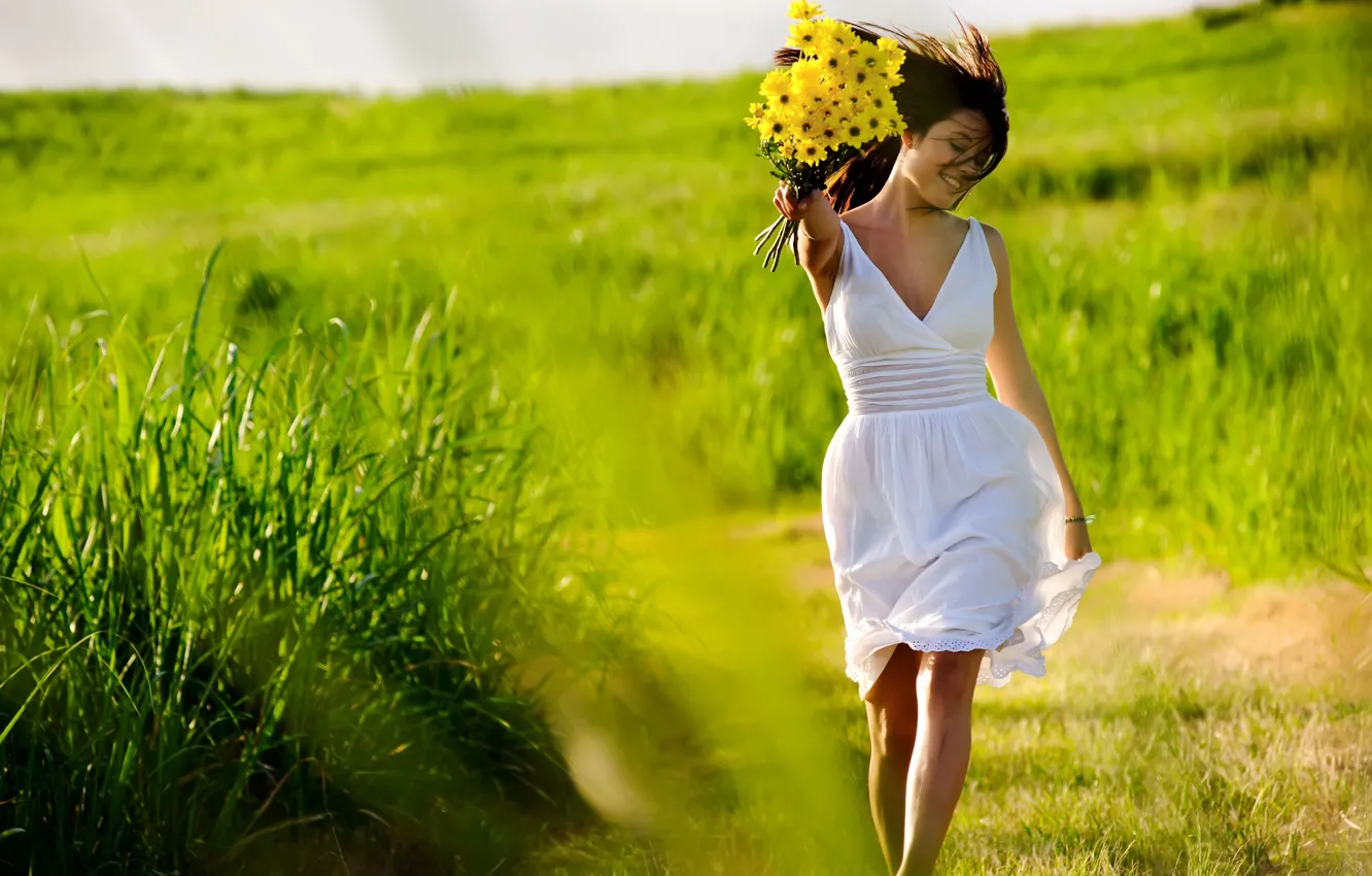 Photo wallpaper greens, grass, girl, joy, flowers, freshness, yellow, nature