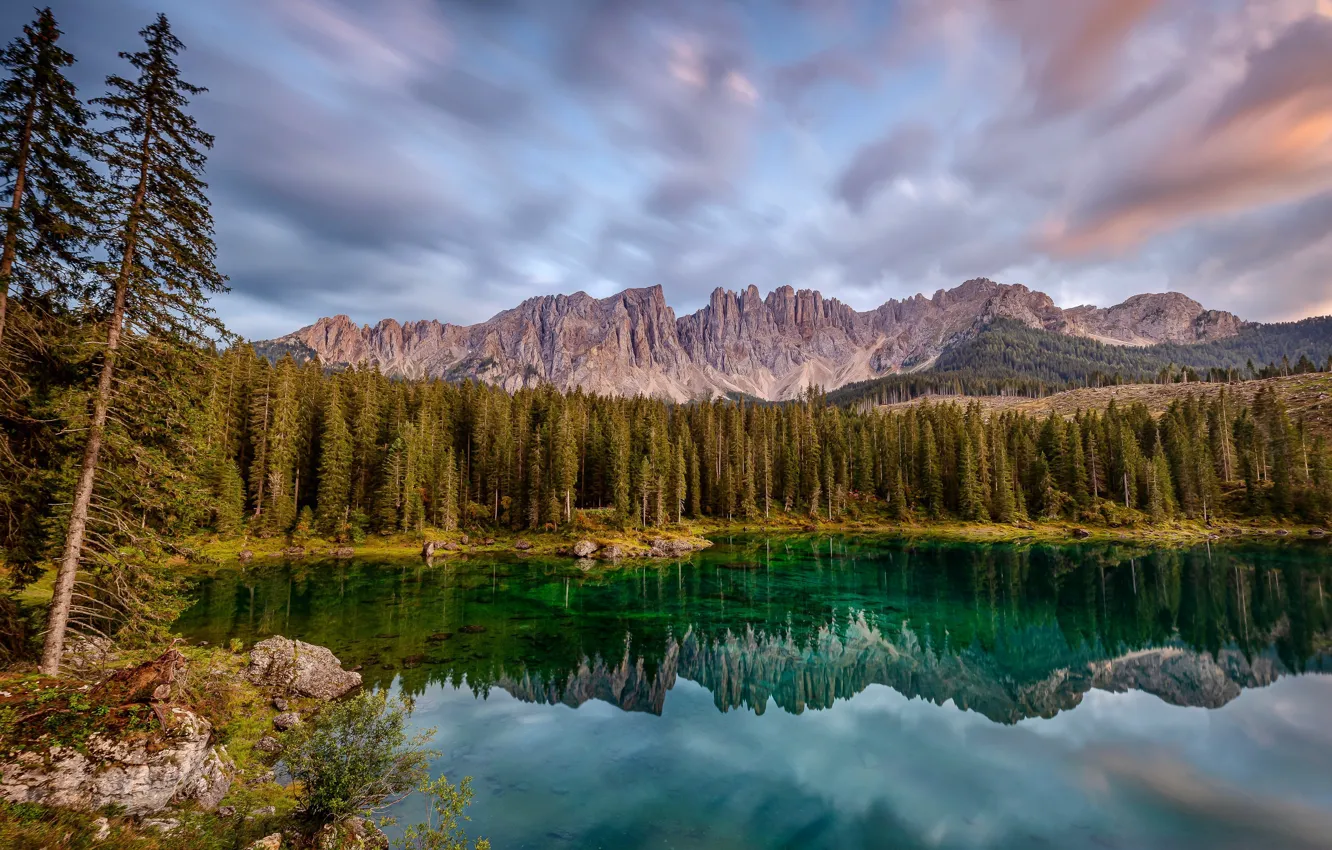 Photo wallpaper landscape, Dolomites, Karersee, Italien, South Tyrol, Long exposure