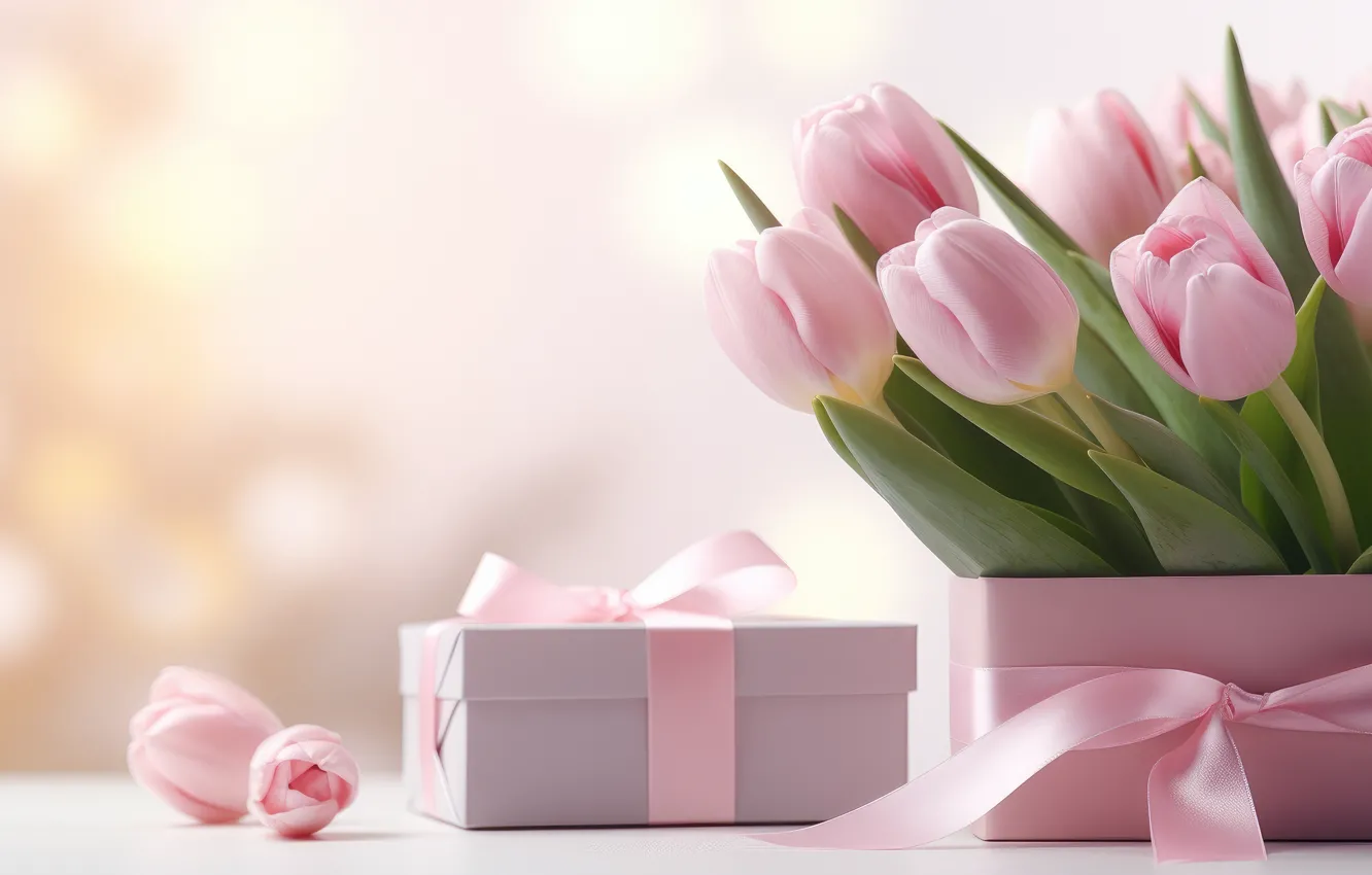Photo wallpaper flowers, birthday, box, gift, bouquet, spring, Easter, tulips