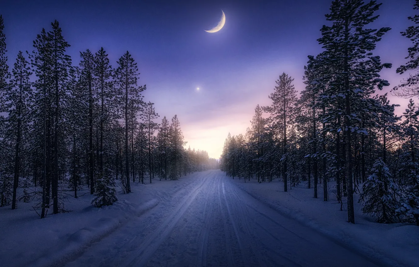 Photo wallpaper winter, road, the moon