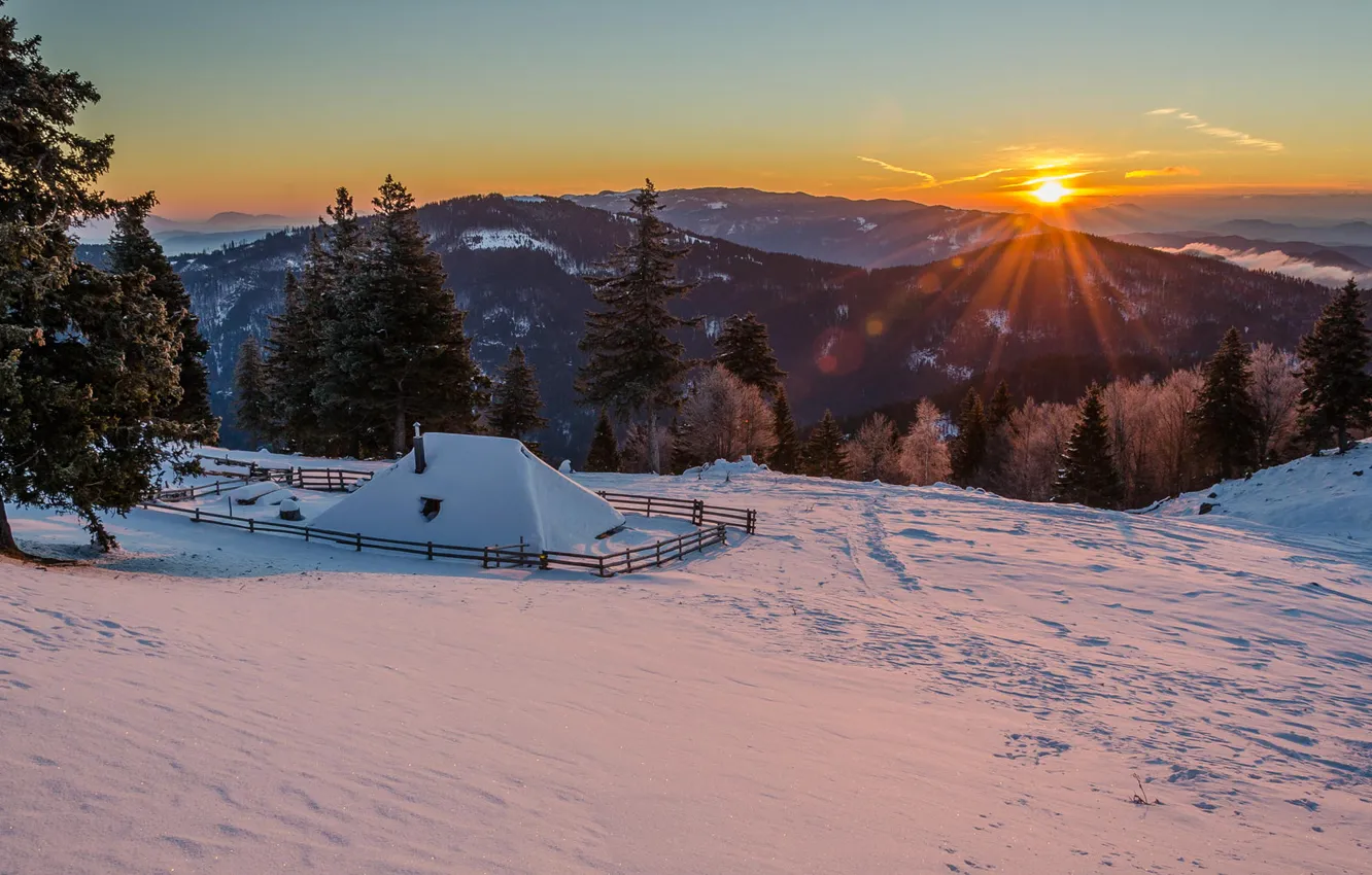 Photo wallpaper winter, the sun, snow, mountains, morning