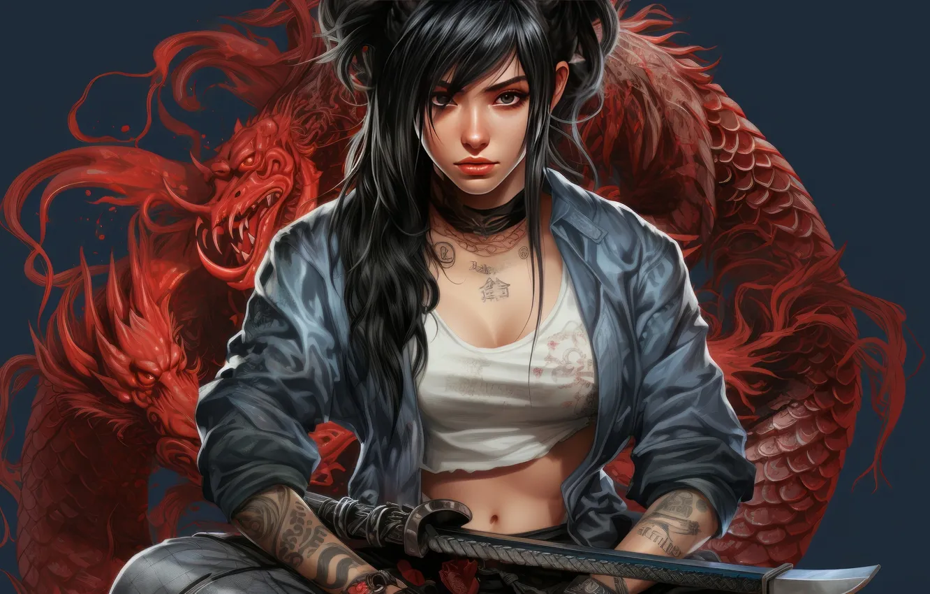Photo wallpaper girl, katana, tattoo, dragon, anime girl, AI Generated