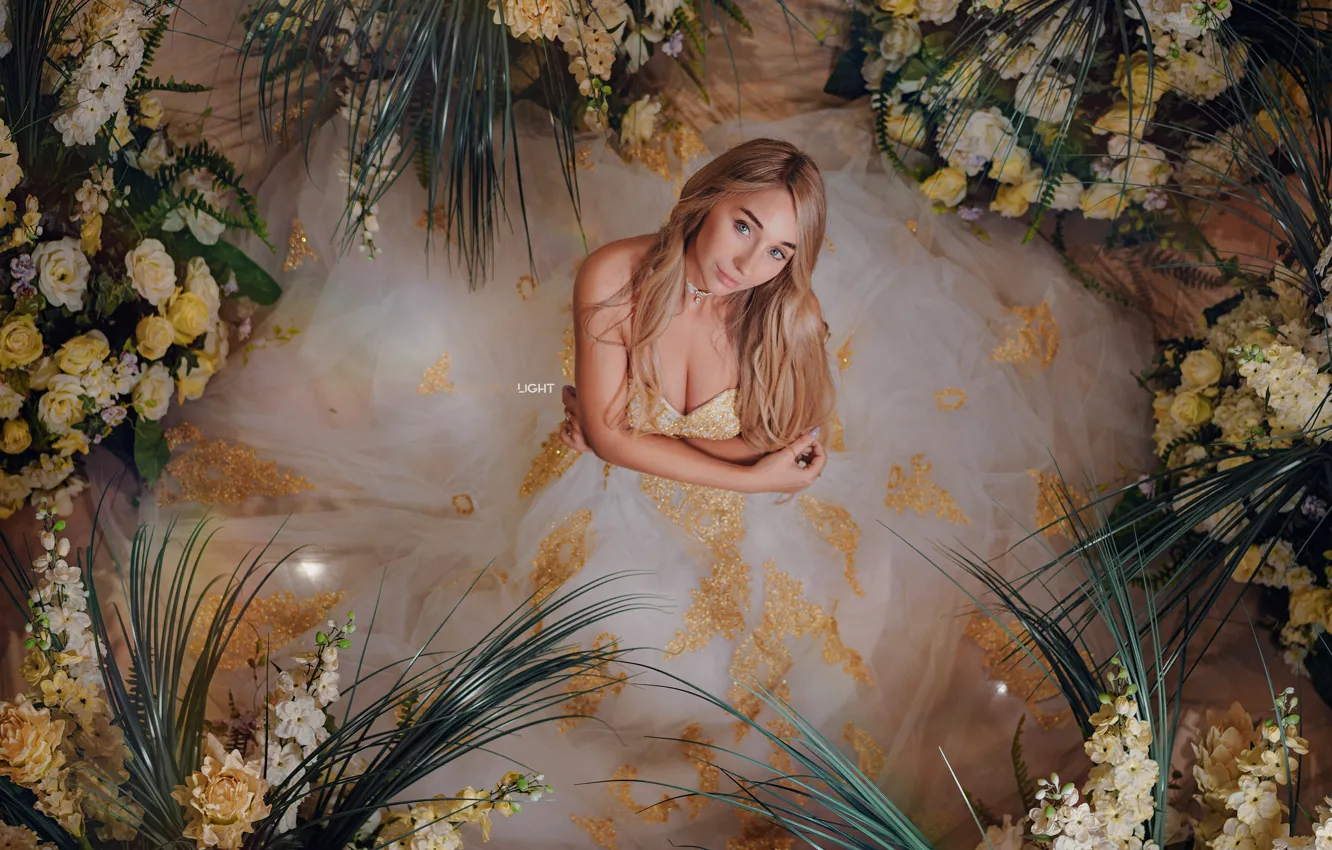 Photo wallpaper look, girl, flowers, pose, style, dress, Alexander Drobkov-Light, Daria Herman