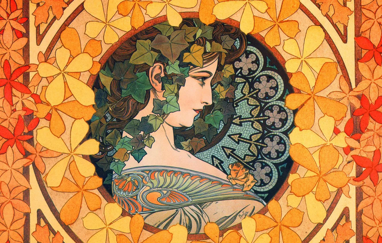 Photo wallpaper figure, painting, composition, Alphonse Mucha, Alfons Maria Mucha, female image, the girl with the ivy