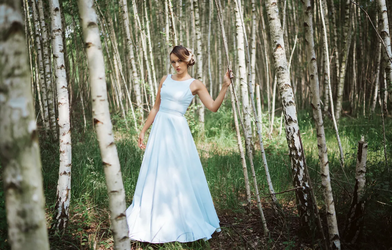 Photo wallpaper forest, trees, model, dress, birch, Olya Alessandra, Andreas-Joachim Lins