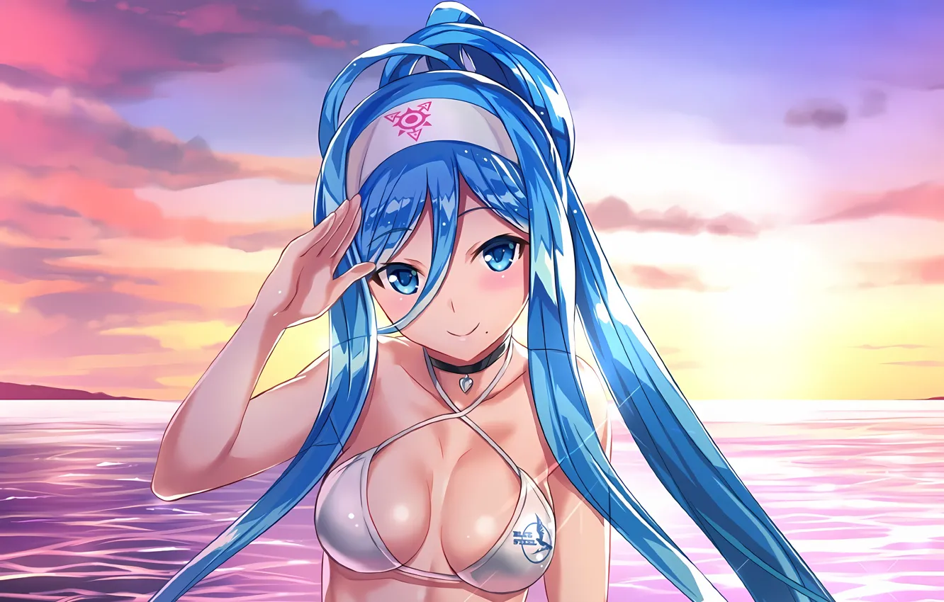 Photo wallpaper girl, sexy, cleavage, beach, long hair, sea, boobs, sunset