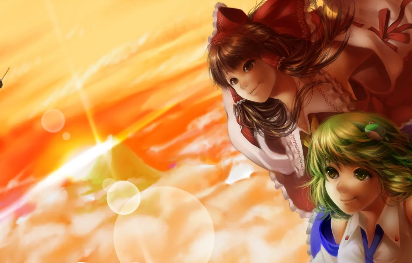 Photo wallpaper the sky, girl, the sun, clouds, flight, sunset, frog, hat