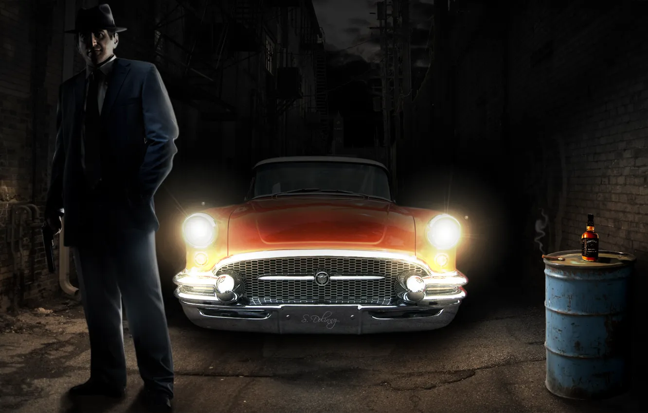 Photo wallpaper auto, night, retro, street, lane, auto, night, retro