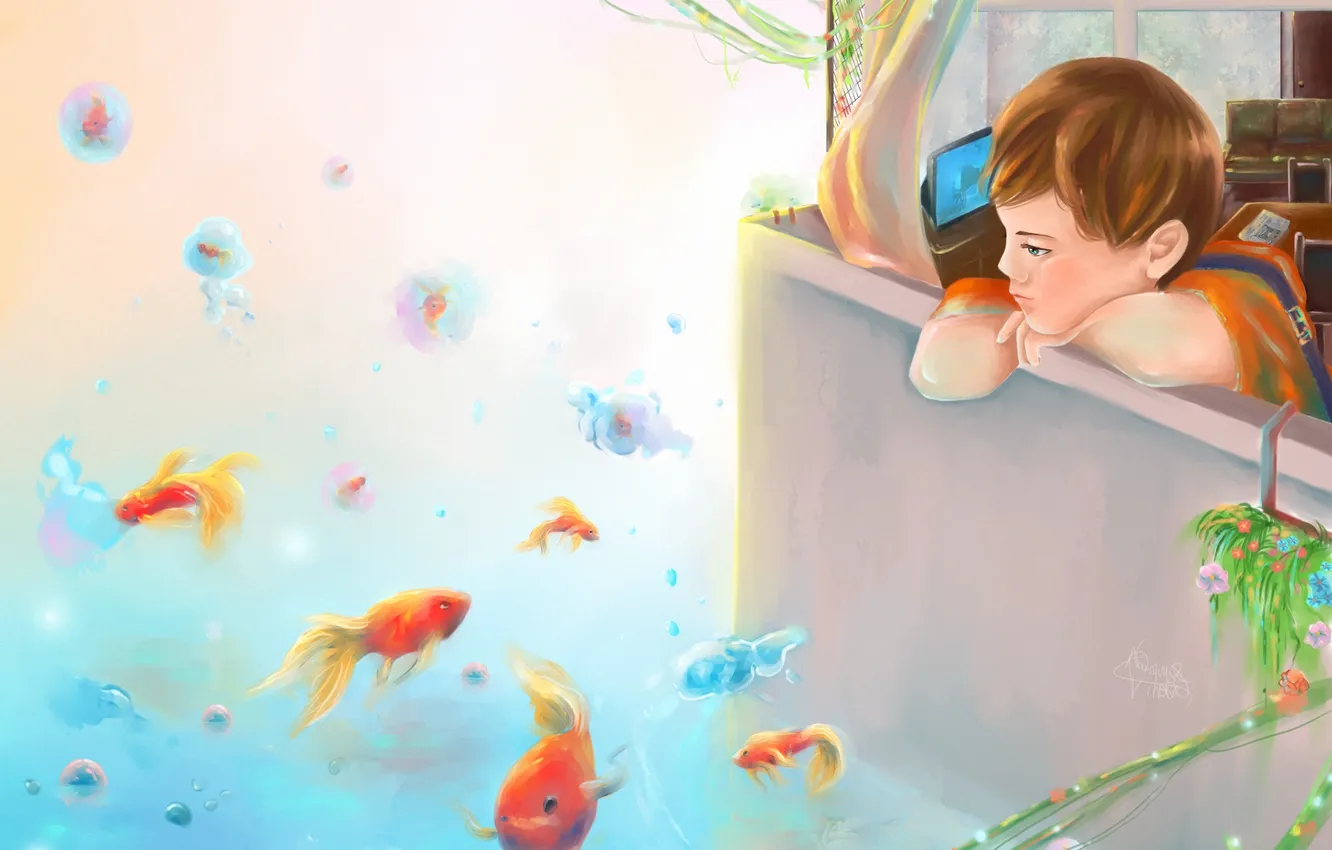 Photo wallpaper fish, boy, art