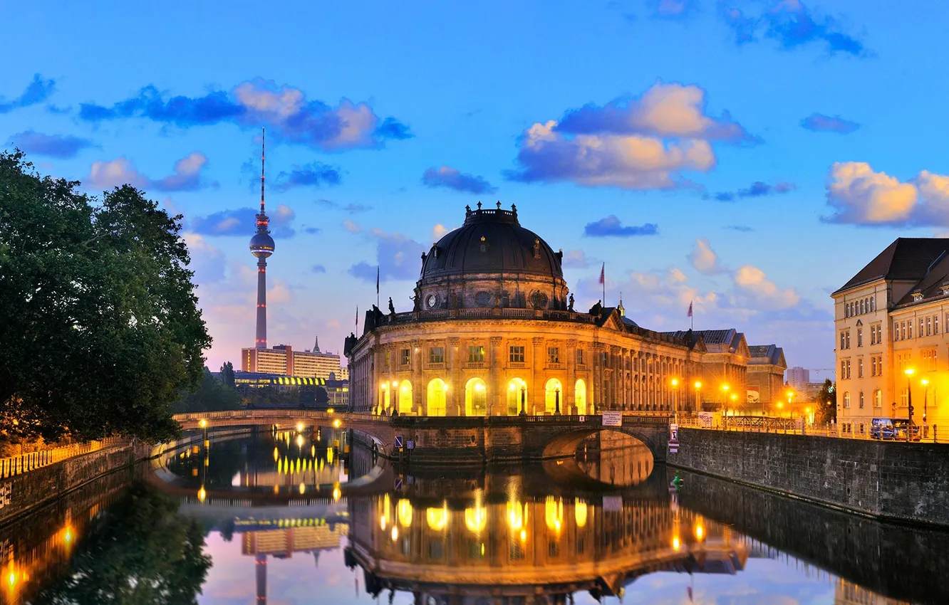 Photo wallpaper bridge, lights, river, tower, home, the evening, Germany, channel