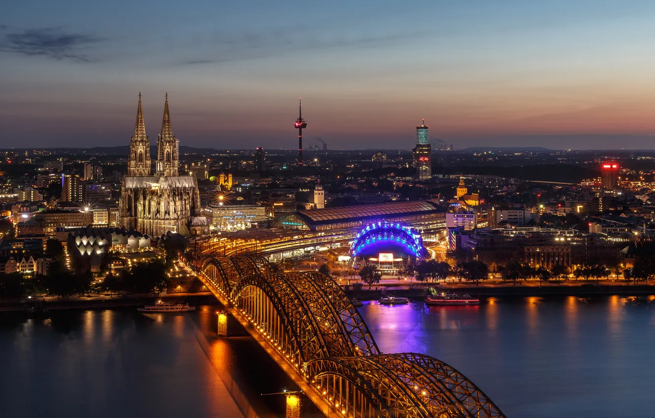 Photo wallpaper night, bridge, lights, river, station, Germany, Cathedral, Cologne