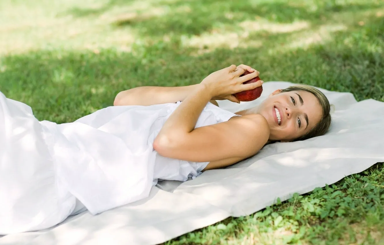 Photo wallpaper grass, look, girl, flowers, red, nature, smile, mood