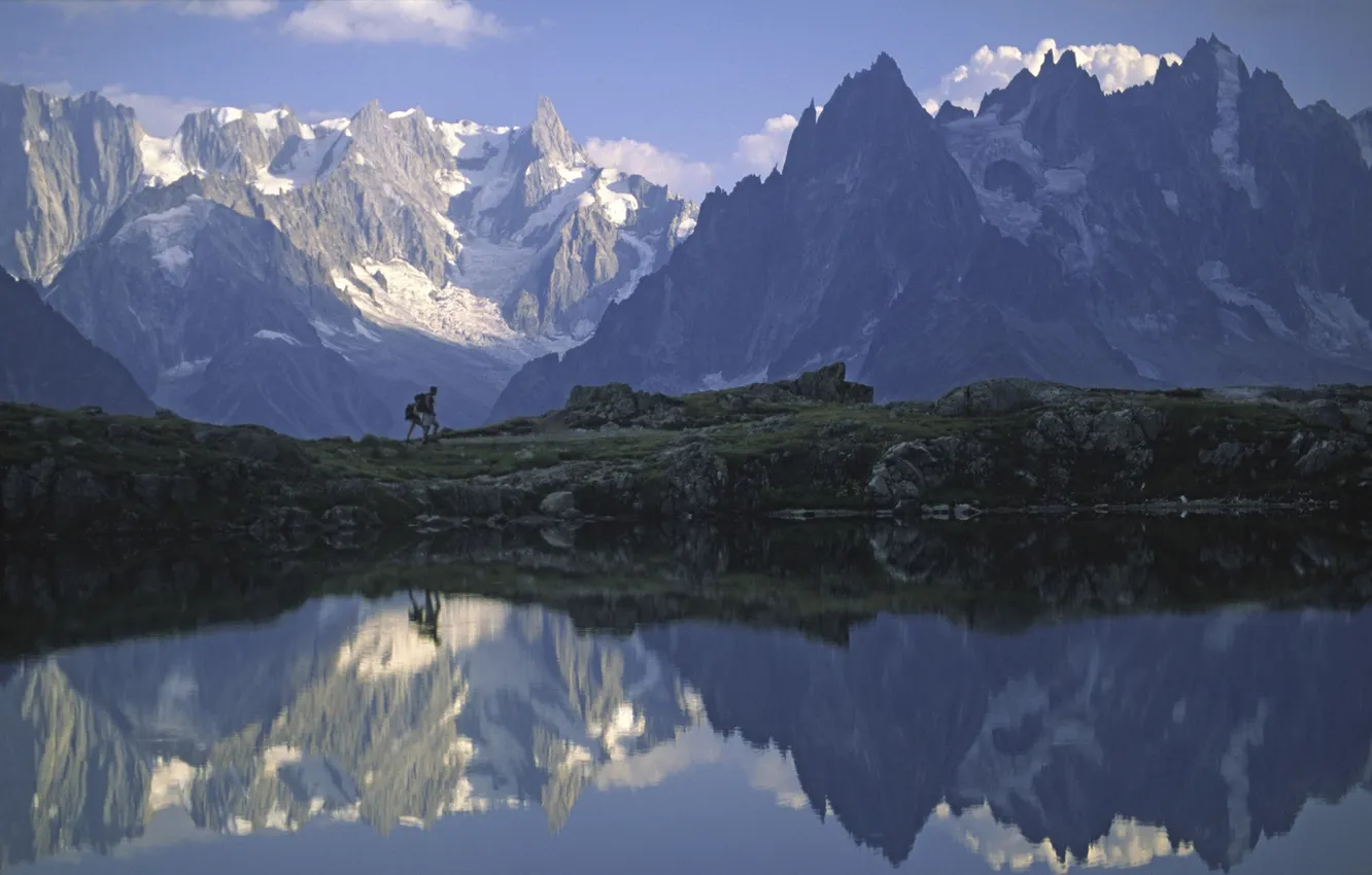 Photo wallpaper water, landscape, mountains, reflection, stones, rocks, people, morning