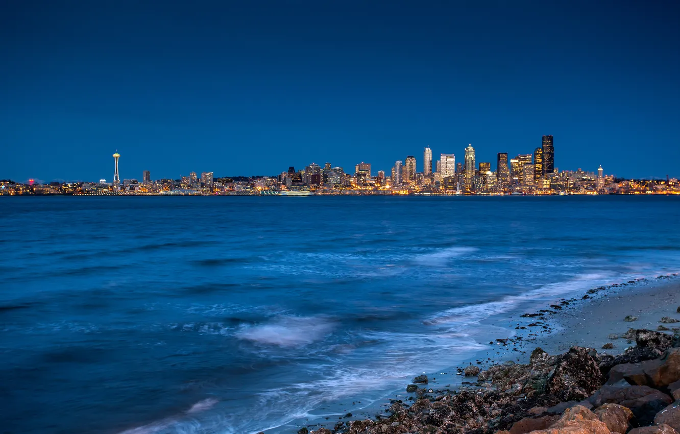 Photo wallpaper night, the city, lights, stones, coast, home, Seattle, USA