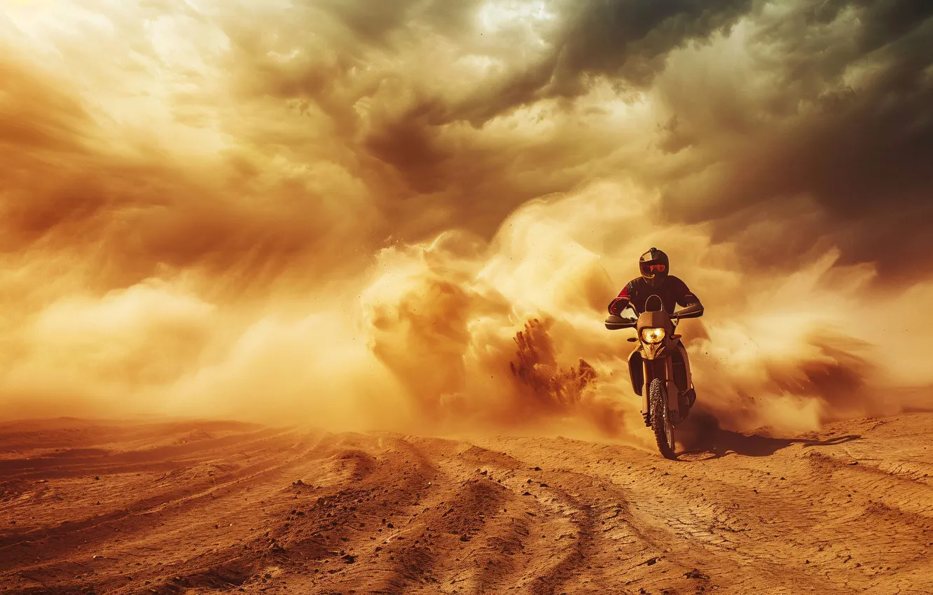 Photo wallpaper sand, clouds, desert, motorcycle, athlete, male, Motorsport, Dakar