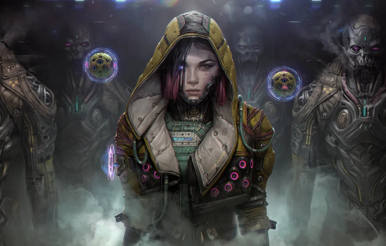 Photo wallpaper girl, cyborg, futuristic, Cyberpunk, looking at viewer, Dave Keenan