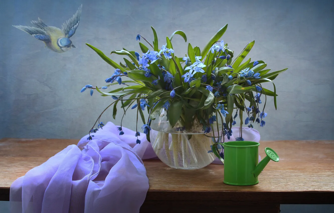 Photo wallpaper flowers, snowdrops, still life, decor, Scilla, the watering pot