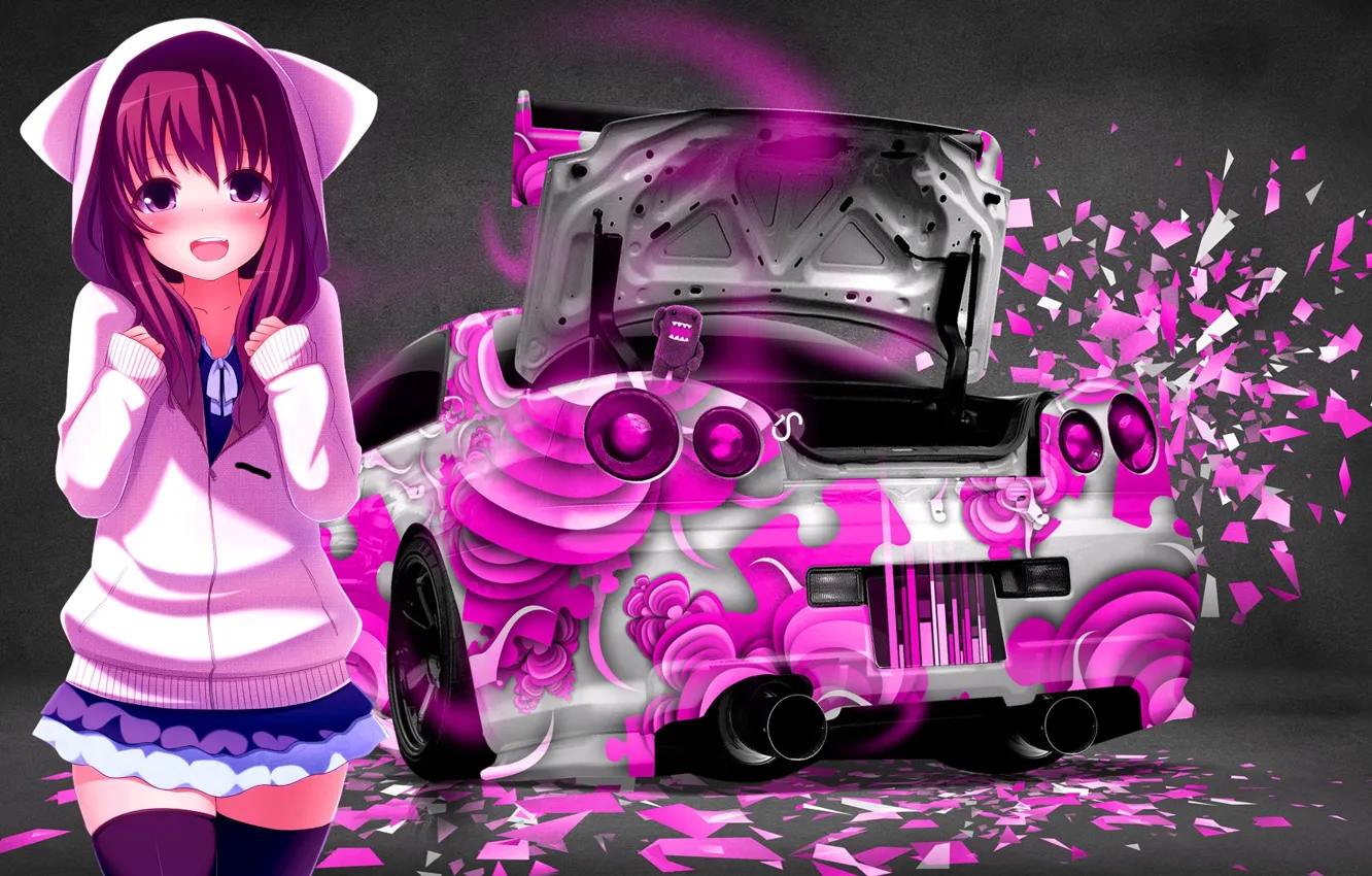Photo wallpaper Girl, Auto, Machine, Nissan, Pink, Anime, Stockings, Skirt