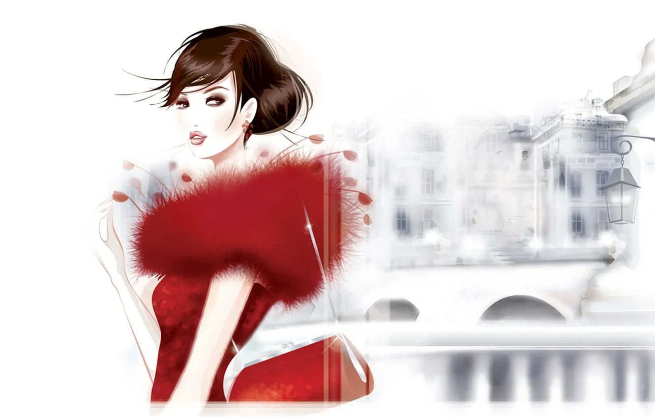 Photo wallpaper red, the city, Girl, lantern, handbag