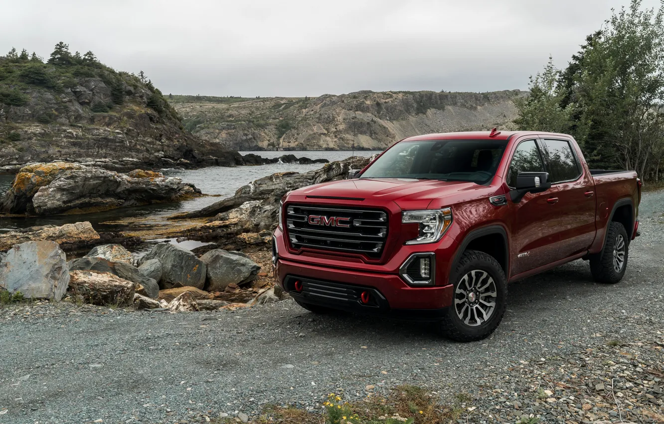 Photo wallpaper red, pickup, pond, GMC, Sierra, AT4, 2019