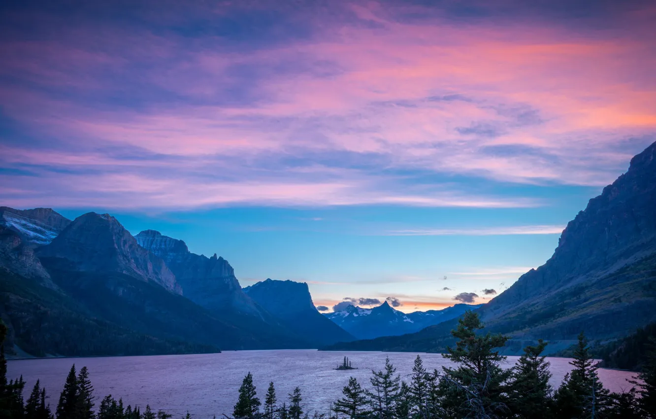 Photo wallpaper forest, trees, mountains, lake, dawn