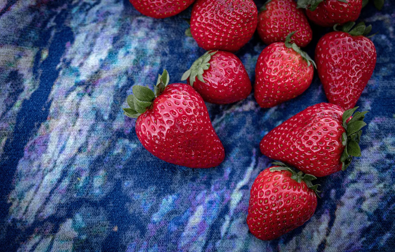Photo wallpaper berries, strawberry, fabric, blue background