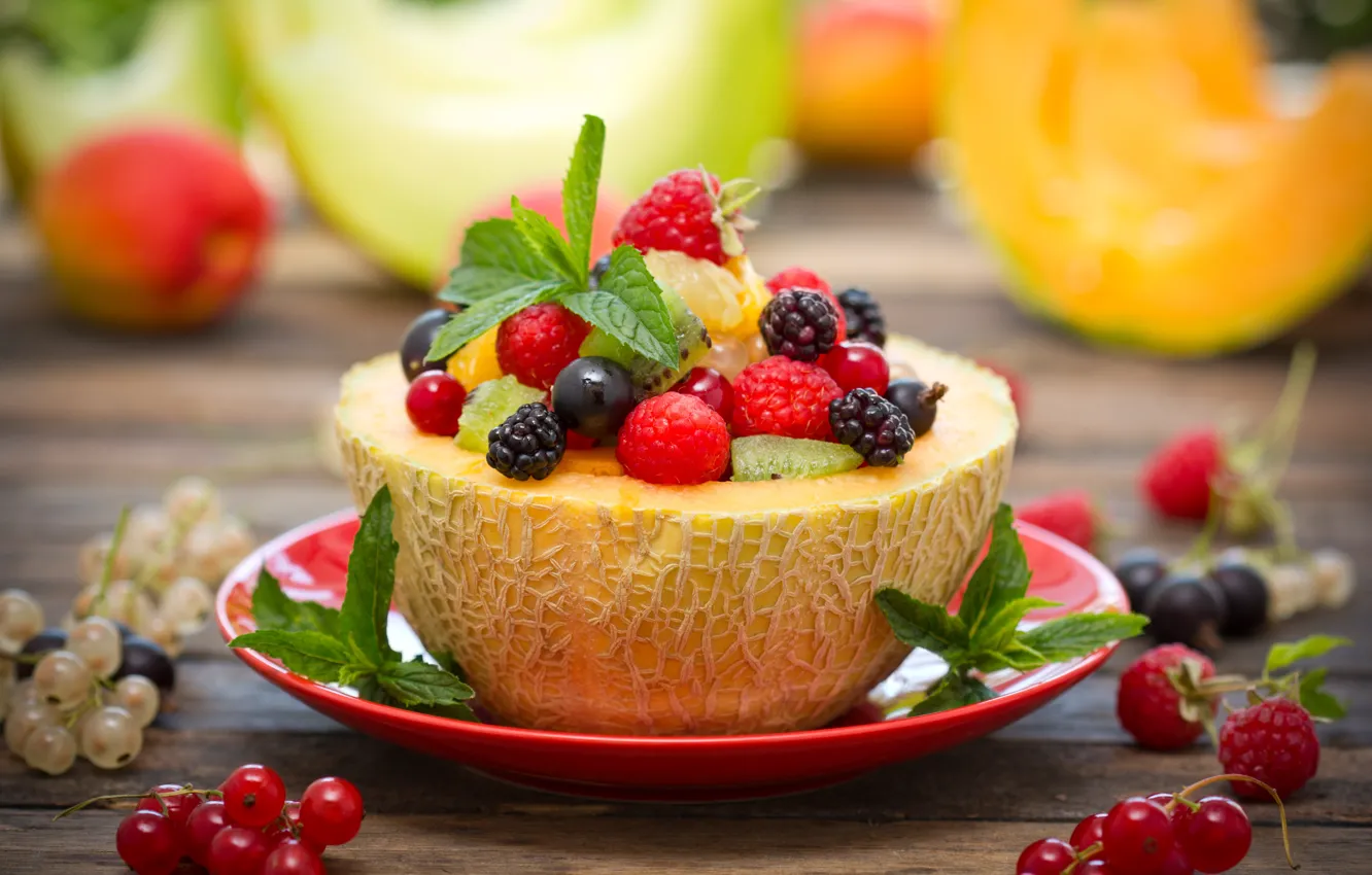 Photo wallpaper berries, raspberry, strawberry, fruit, currants, melon, salad, dessert