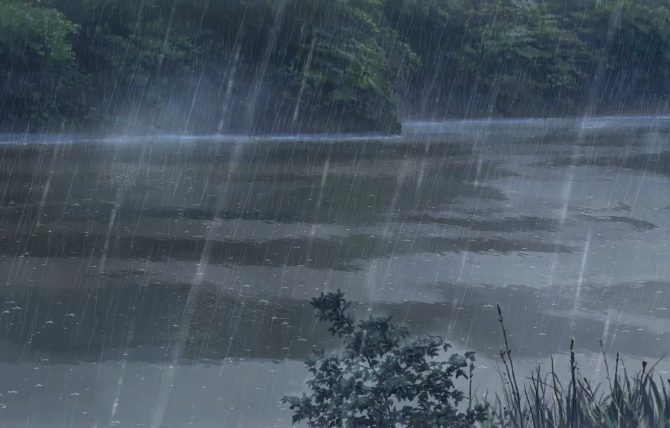 Photo wallpaper Lake, Trees, Rain, Anime, Makoto Xingkai, Anime, Wallpaper, Clear