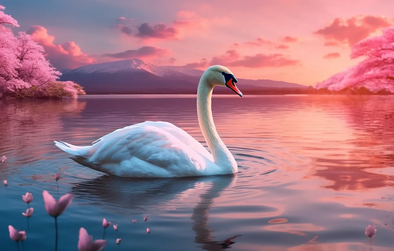 Photo wallpaper white, nature, lake, pond, bird, shore, swans, pond